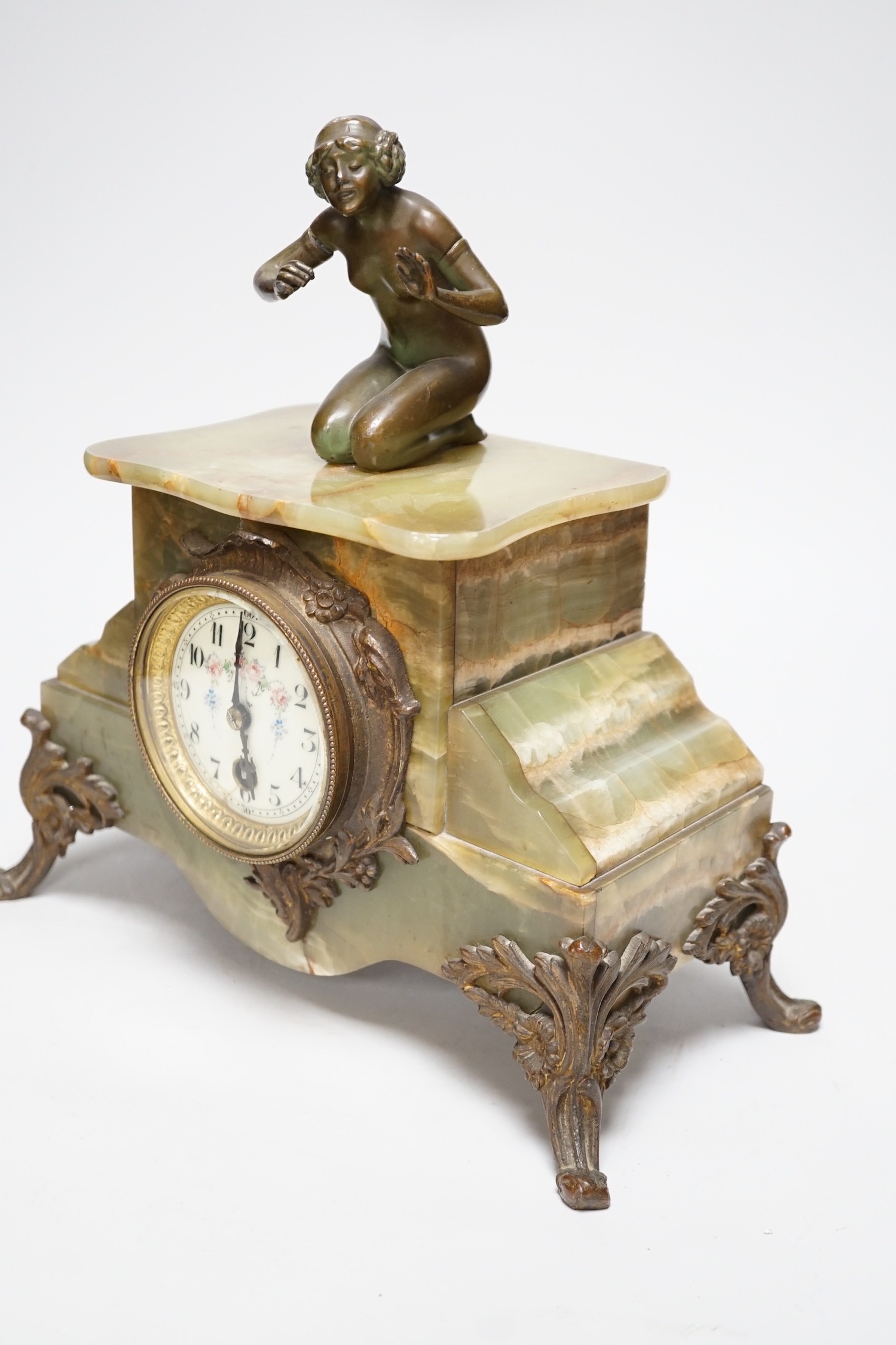 A French figural bronze mounted green onyx clock, 30cm